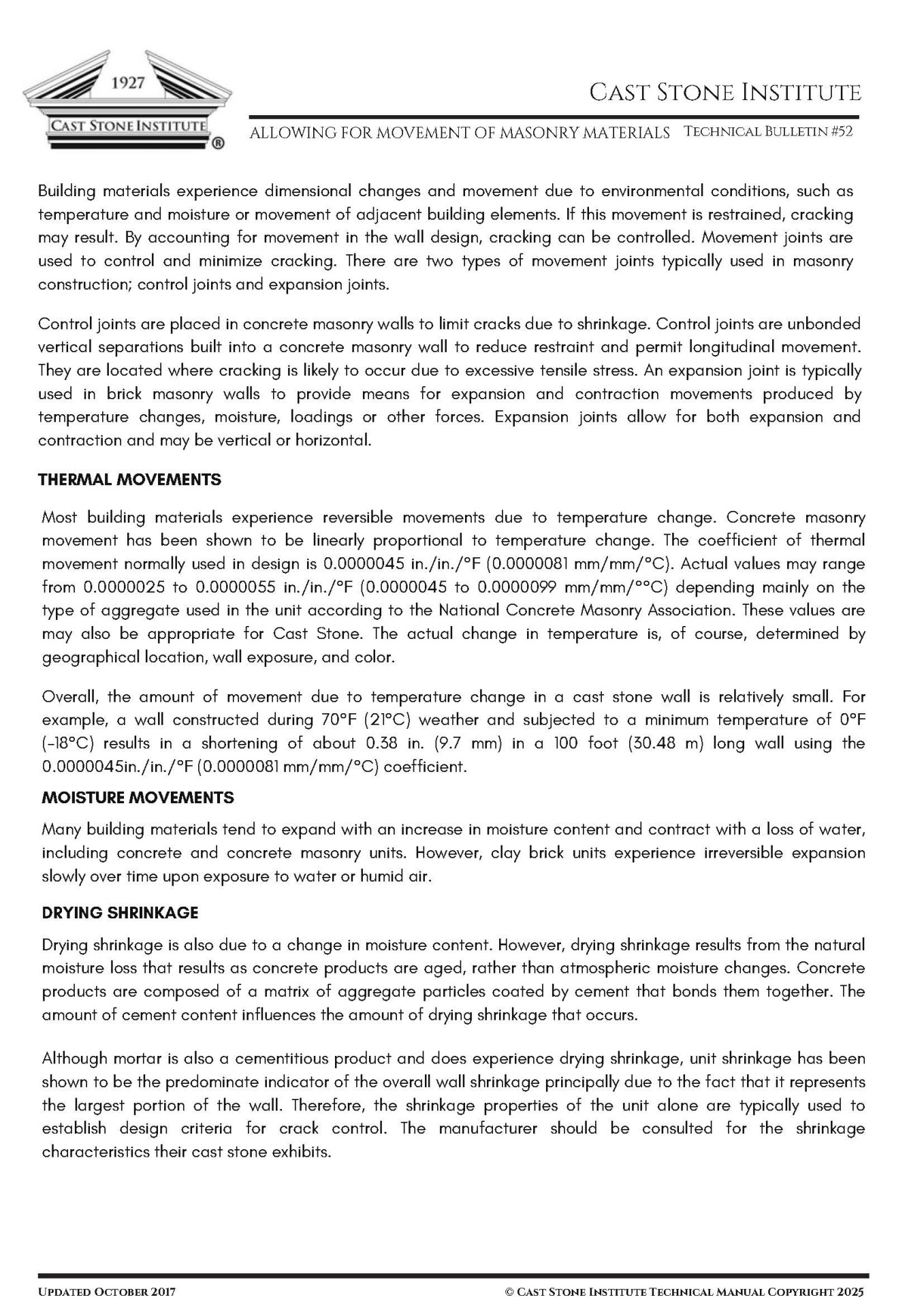 Allowing for Movement of Masonry Materials Technical Bulletin #52