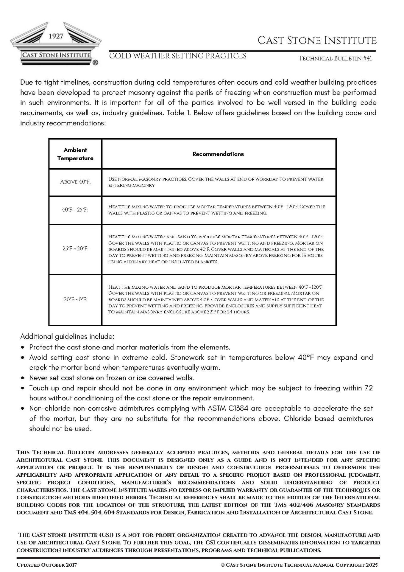 Cold Weather Setting Practices Technical Bulletins #41