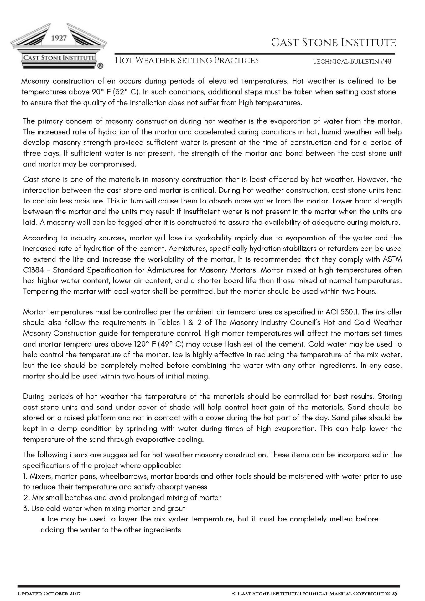 Hot Weather Setting Practices Technical Bulletin #48
