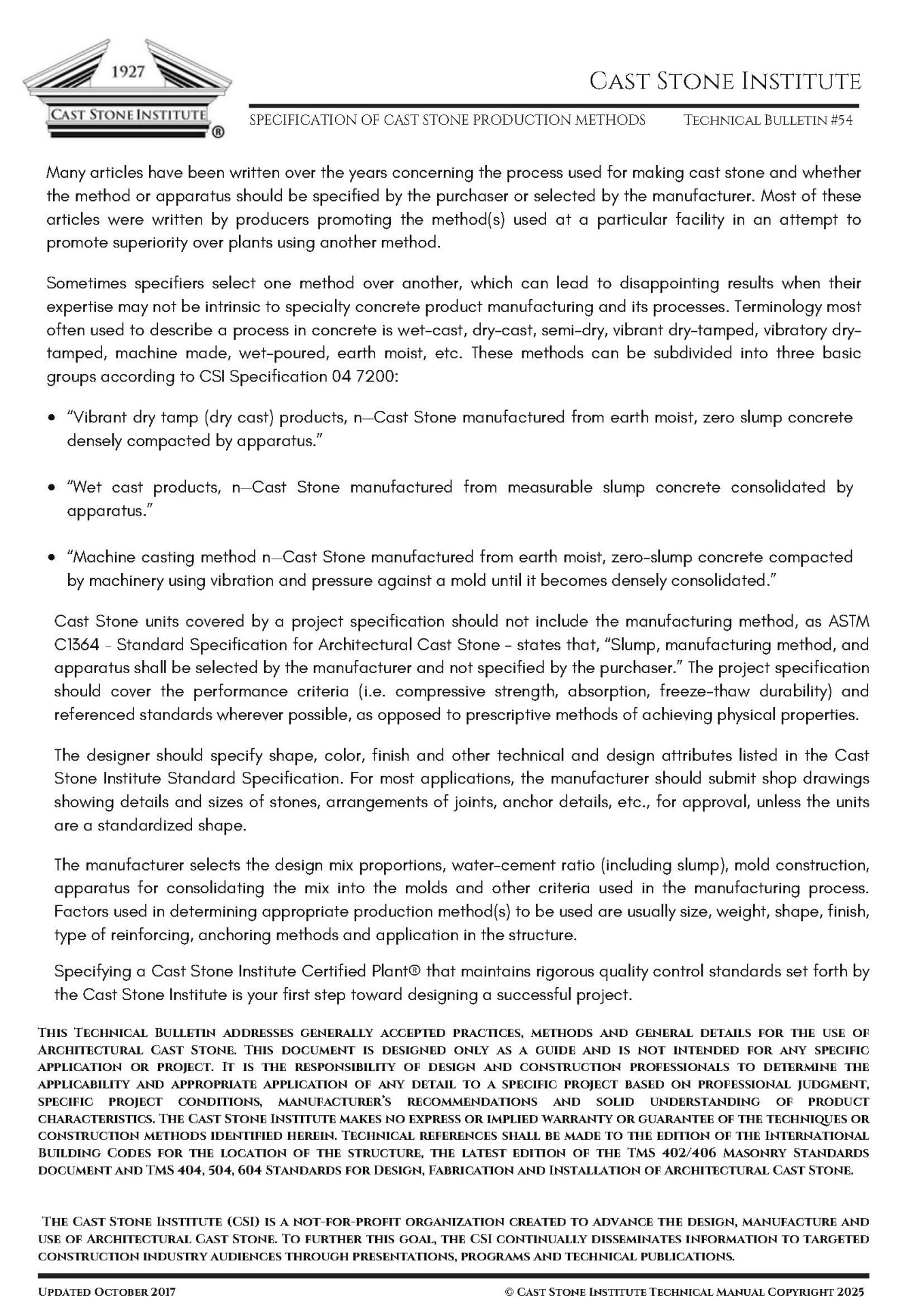 Specification of Cast Stone Production Methods Tech Bulletin #54 